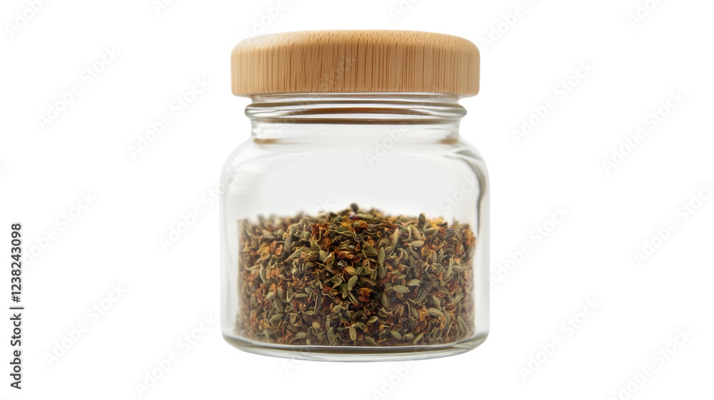 Glass jar containing dried herbs with wooden lid on transparent background Glass jar containing dried herbs with wooden lid on transparent background