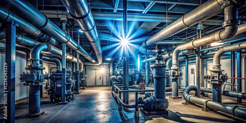 Flashlight beam illuminates complex network of pipes and pumps in a basement storage room , illumination, sump Flashlight beam illuminates complex network of pipes and pumps in a basement storage room , illumination, sump