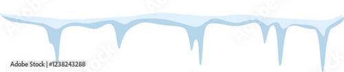 Melting snow creates icicles hanging from a roof on a sunny winter day, offering a picturesque seasonal scene filled with shimmering frost and vibrant light