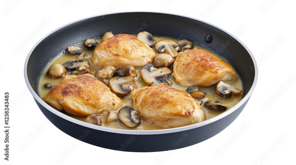 Seared chicken breast and mushrooms cooking in creamy sauce in frying pan Seared chicken breast and mushrooms cooking in creamy sauce in frying pan