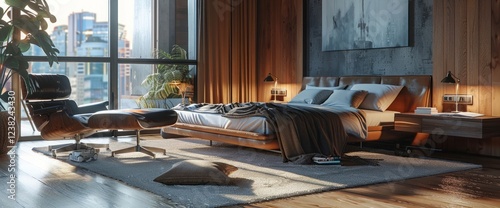 Modern bedroom and workroom at the same place and inside of a luxury house with wooden box lamp illumination beside the pillows, cushion, chair near to wooden table have a 3d letter next to door entry photo