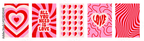 Creative groovy romantic set vertical backgrounds in style retro. Happy Valentines day greeting card. Vector illustration. Pink, beige and red colors