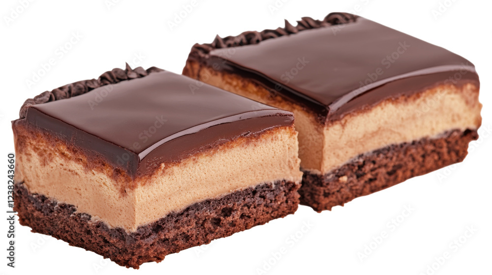 Two chocolate cakes with filling and shiny icing on transparent background Two chocolate cakes with filling and shiny icing on transparent background