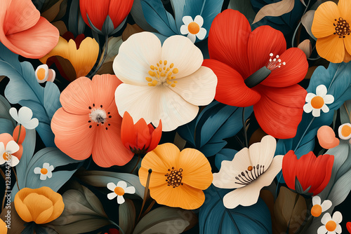 A colorful painting of flowers with a blue background