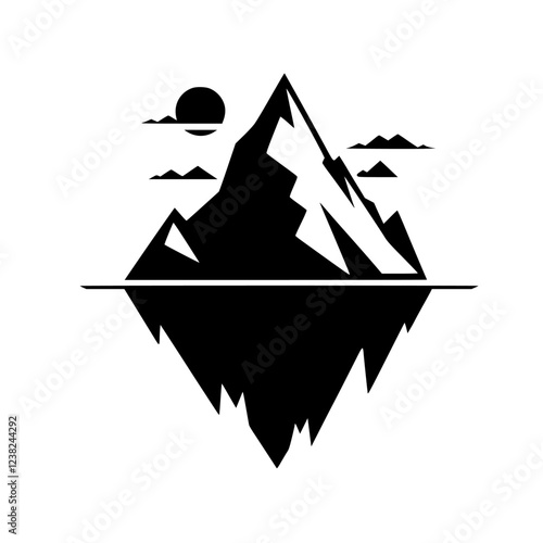 Majestic Mountain Reflection: A Minimalist Landscape Design.  Black and white graphic art, showcasing a geometric mountain silhouette reflected in still water under a serene sky.