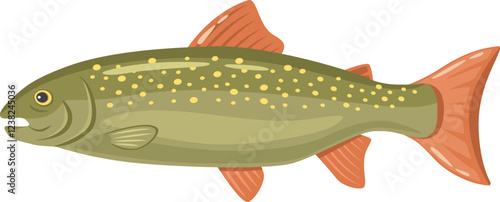 Colorful illustration of a brook trout swimming underwater, showing its fins, tail, and open mouth, ideal for fishing or wildlife related projects