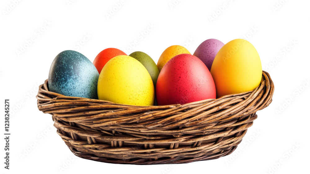 Colorful easter eggs resting in a wicker basket on transparent background Colorful easter eggs resting in a wicker basket on transparent background