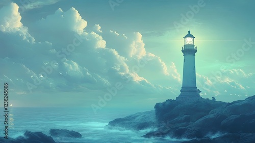 A shining lighthouse on a rocky coastline, symbolizing womena??s guidance and steadfastness.