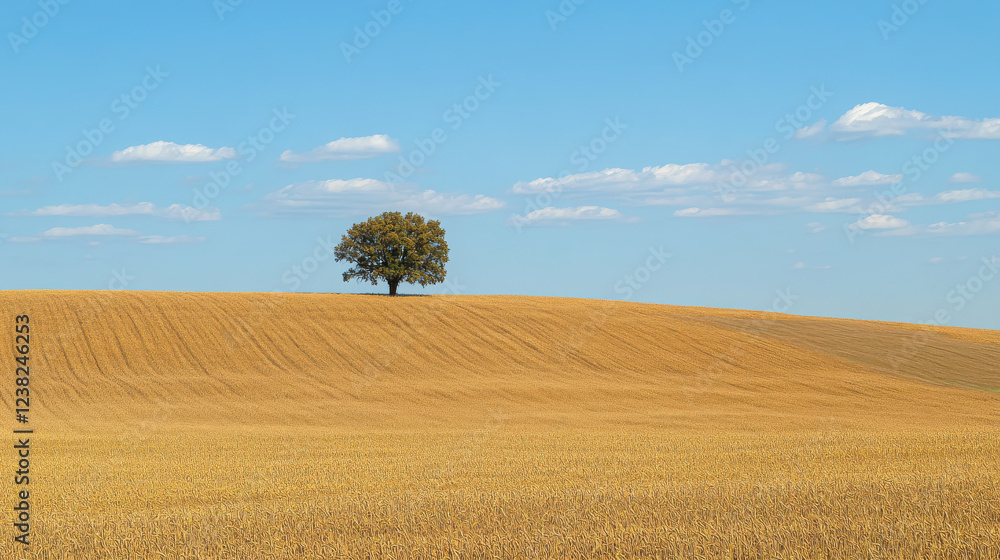Fototapeta premium A solitary tree stands on a golden wheat field under a clear blue sky with scattered clouds.