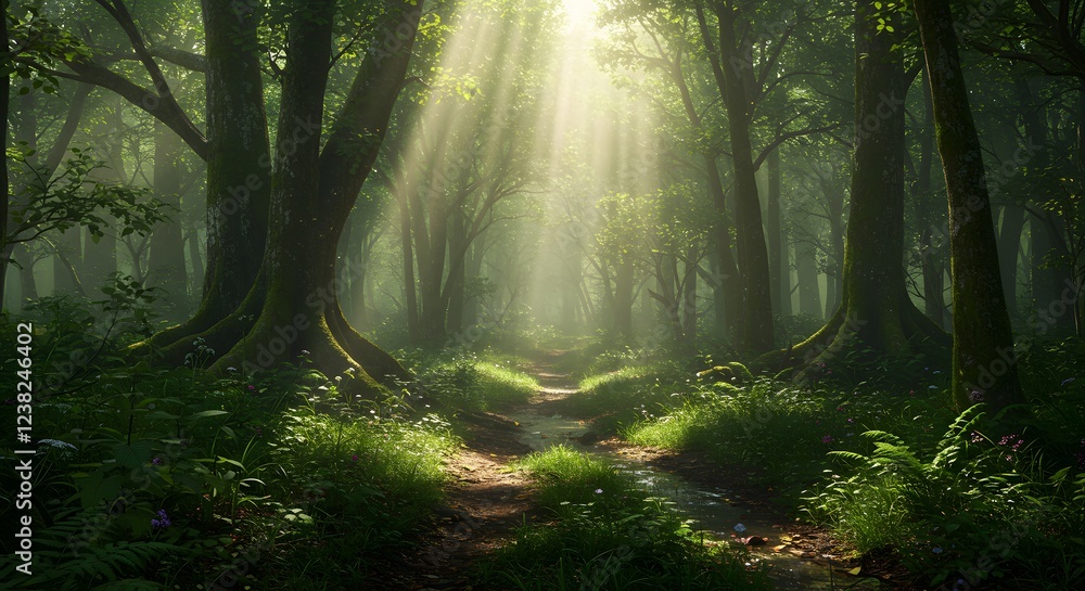 Obraz premium Sunlit Forest Path Magical Nature Scene Wallpaper