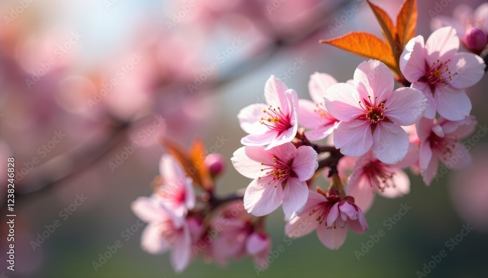 A branch of cherry blossom flowers on a tree with leaves, leaves, cherry blossom branches, foliage A branch of cherry blossom flowers on a tree with leaves, leaves, cherry blossom branches, foliage