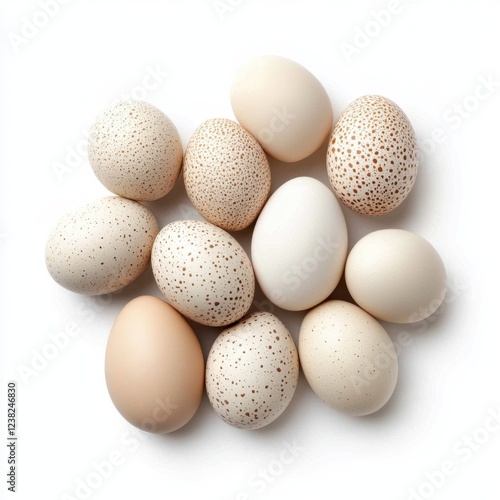 Assorted Fresh Eggs of Various Shapes and Colors on a White Background for Culinary and Farm Themes