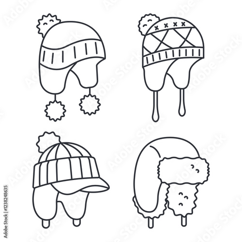 Winter hats with ear flaps vector icons set isolated on a white background.