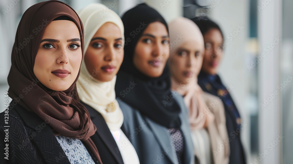 Diverse Business Women Line Up for Gender Equality, Hijab-Wearing Arabic Woman in Focus, Corporate Diversity Goals, Studio Portrait Diverse Business Women Line Up for Gender Equality, Hijab-Wearing Arabic Woman in Focus, Corporate Diversity Goals, Studio Portrait