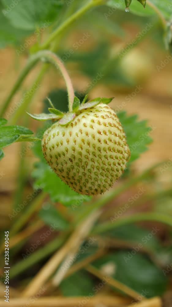 Green strawberry developing in straw-mulched bed, emphasizing early growth Green strawberry developing in straw-mulched bed, emphasizing early growth