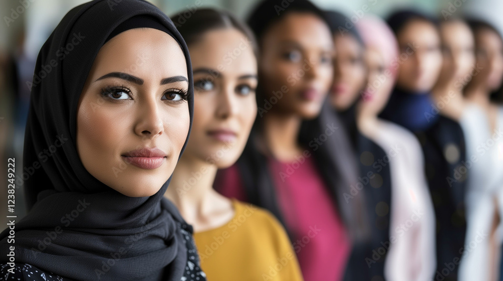 Diverse Business Women Line Up for Gender Equality, Hijab-Wearing Arabic Woman in Focus, Corporate Diversity Goals, Studio Portrait Diverse Business Women Line Up for Gender Equality, Hijab-Wearing Arabic Woman in Focus, Corporate Diversity Goals, Studio Portrait