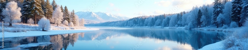 A serene lake in winter with surrounding trees and a blue sky, peaceful woods, snow-covered trees, icy waters A serene lake in winter with surrounding trees and a blue sky, peaceful woods, snow-covered trees, icy waters