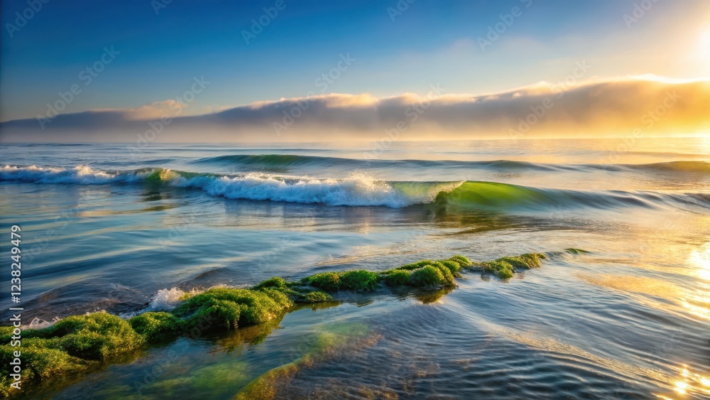 Softly lit waves gently rolling on a serene sea surface covered in morning fog and seaweed , calm, serenity,  calm