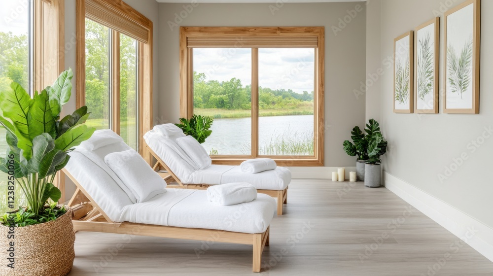 Fototapeta premium Serene Spa Interior with Relaxation Area and Natural Light Surrounded by Greenery and Calm Water View