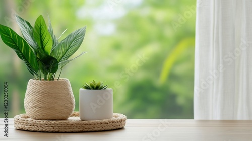 Indoor Potted Plants on Wooden Table with Green Blurred Nature Background and Soft Natural Light