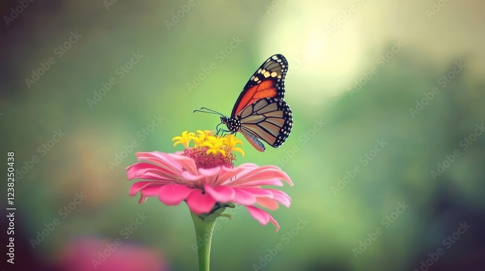 Fototapeta premium Monarch butterfly on a pink zinnia flower in soft-focus garden setting.