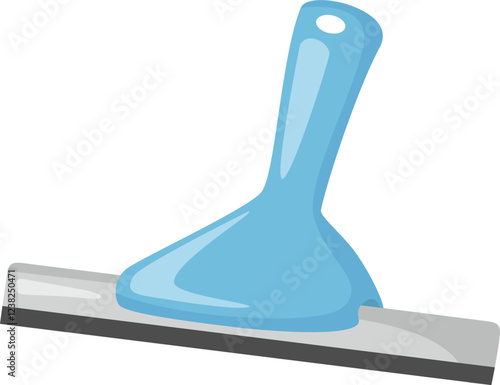 Cartoon illustration featuring a light blue squeegee designed for cleaning windows and various surfaces, showcasing a comfortable handle and a flexible rubber blade for effective use