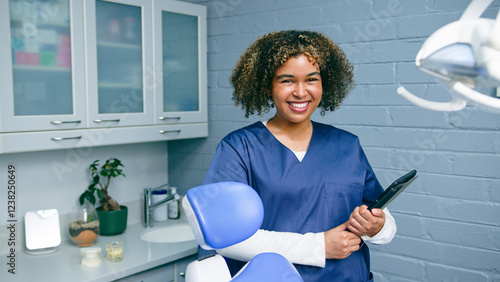 Tableau sur toile Smiling Dental Professional in Office Holding Digital Tablet and Wearing Blue Sc