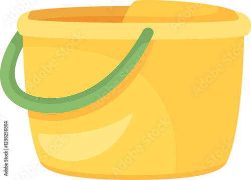 Vector illustration featuring a yellow plastic bucket with a green handle, commonly used for cleaning and carrying liquids, set against a white background