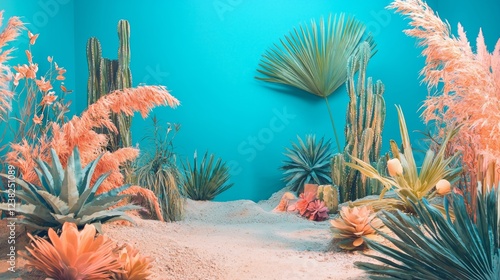 Vibrant desert landscape with colorful cacti and plants photo