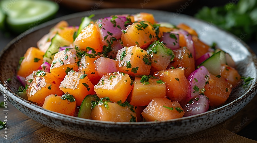 Fresh cantaloupe salad with cucumber and red onion. Fresh cantaloupe salad with cucumber and red onion.
