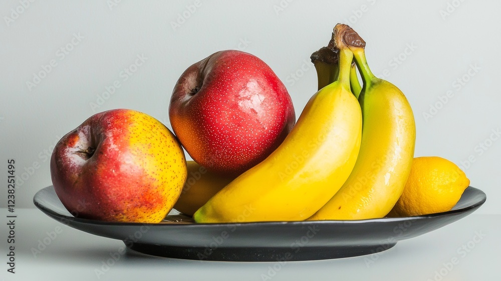 Fresh fruits including apples and bananas on a black plate Fresh fruits including apples and bananas on a black plate
