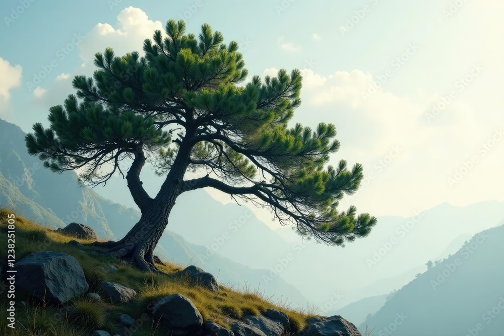 Branches sway gently in wind, yet the pine tree perseveres, branches, weather, terrain Branches sway gently in wind, yet the pine tree perseveres, branches, weather, terrain