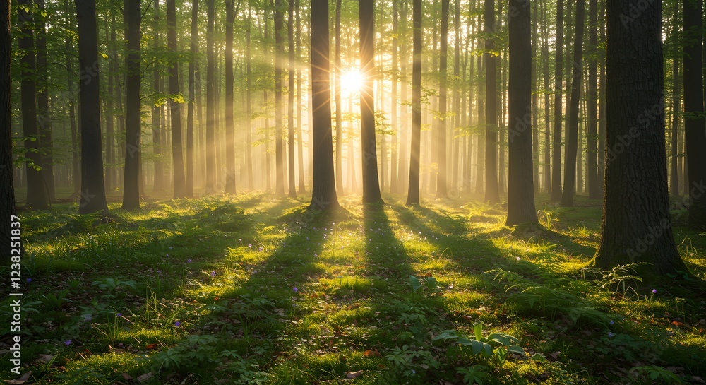 Fototapeta premium Sunlit Forest Sunrise Landscape Photography Print