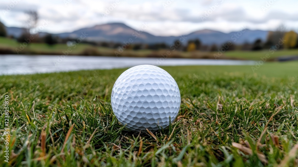 A close-up of a golf ball resting on grass near a water body and mountains in the background. A close-up of a golf ball resting on grass near a water body and mountains in the background.
