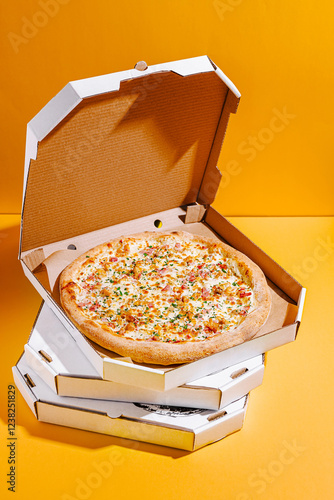 Delicious freshly baked pizza in an open delivery box against a bright yellow background