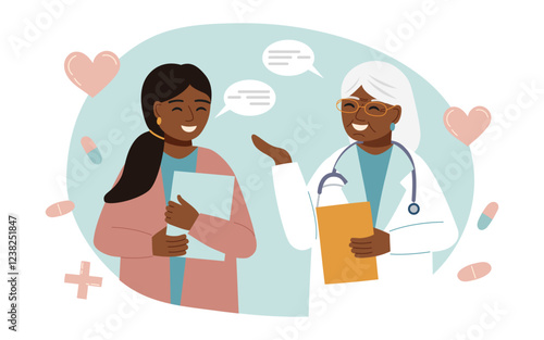 Concept of medicine, healthcare, clinic and treatment. Medical consultation between doctor and patient. Vector hand drawn background.