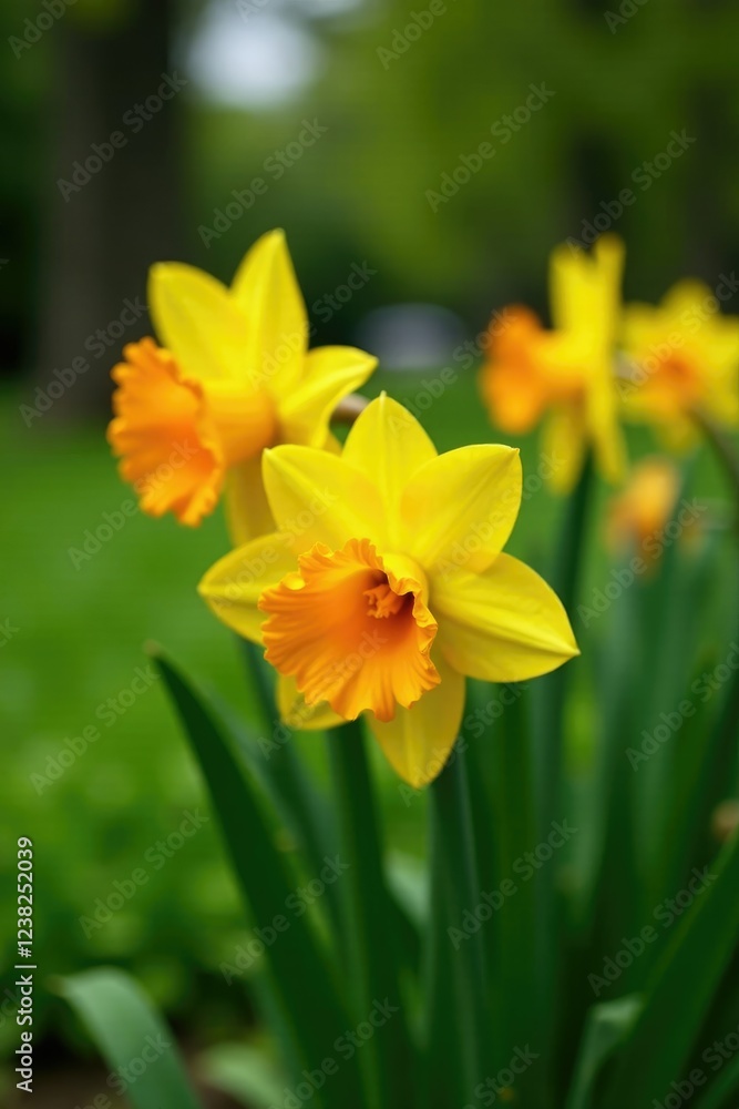 Bright yellow and orange double daffodil blooms in a lush green garden, flowers, garden, blooms Bright yellow and orange double daffodil blooms in a lush green garden, flowers, garden, blooms