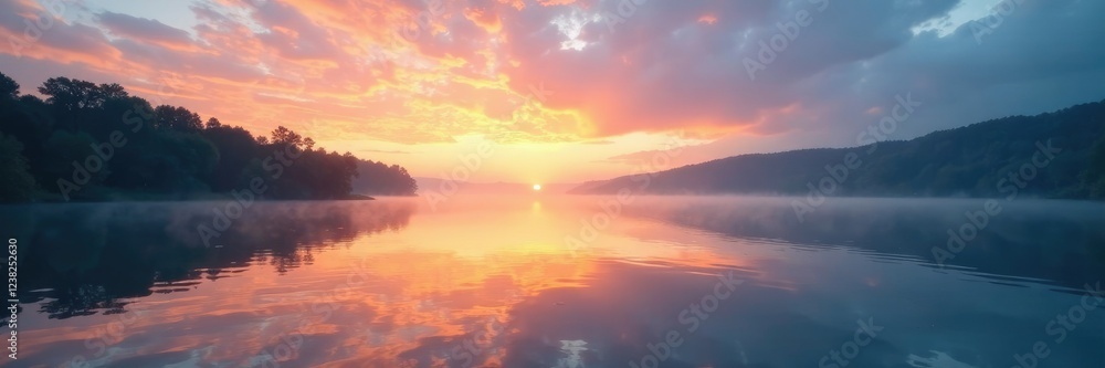 Obraz premium Calm lake waters reflected in the morning sky, tranquility, dawn