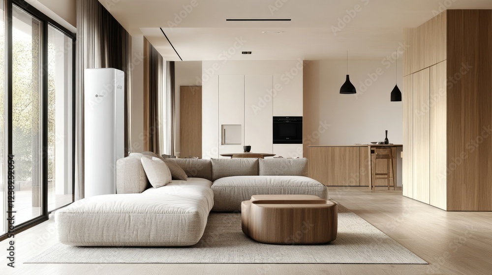 A modern home with an air purifier blending seamlessly into the stylish decor. A modern home with an air purifier blending seamlessly into the stylish decor.