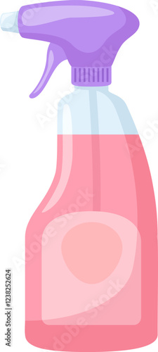 Pink cleaning product in a transparent plastic spray bottle with purple trigger for cleaning and sanitizing various surfaces in a house, maintaining hygiene and cleanliness