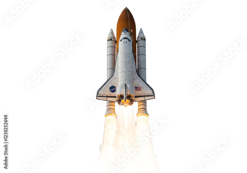 Fototapeta Naklejka Na Ścianę i Meble -  A space shuttle launching with fiery thrust from its engines, isolated on a white background
