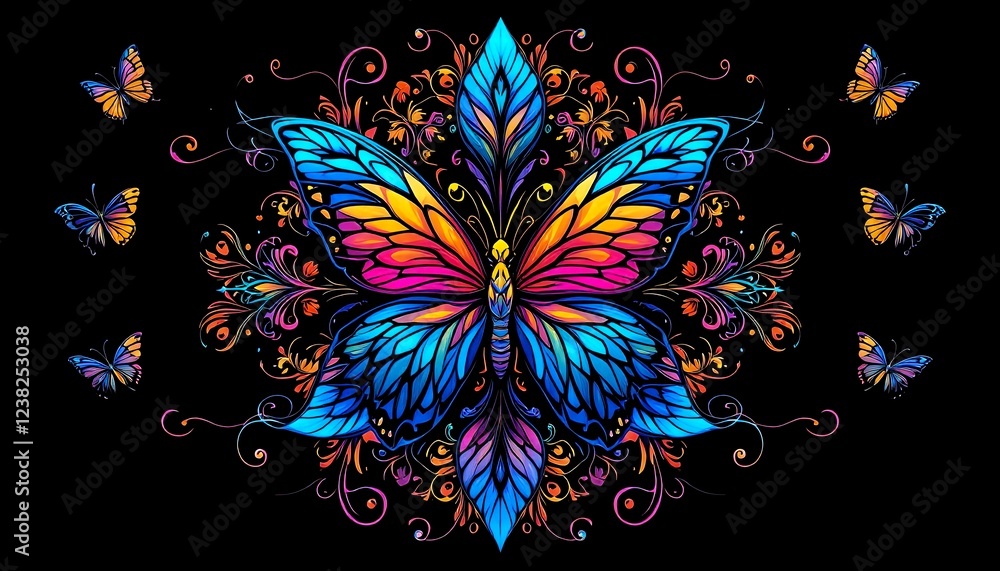 Naklejka premium Vibrant Rainbow Butterfly Mandala Art
