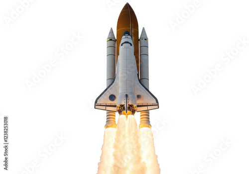 Fototapeta Naklejka Na Ścianę i Meble -  A space shuttle launching with fiery thrust from its engines, isolated on a white background