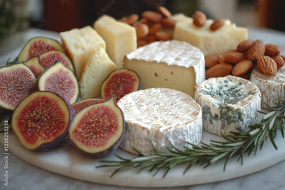 Generative AI, Artisan cheese platter with brie, blue cheese, figs, rosemary, and honey on a marble board Generative AI, Artisan cheese platter with brie, blue cheese, figs, rosemary, and honey on a marble board