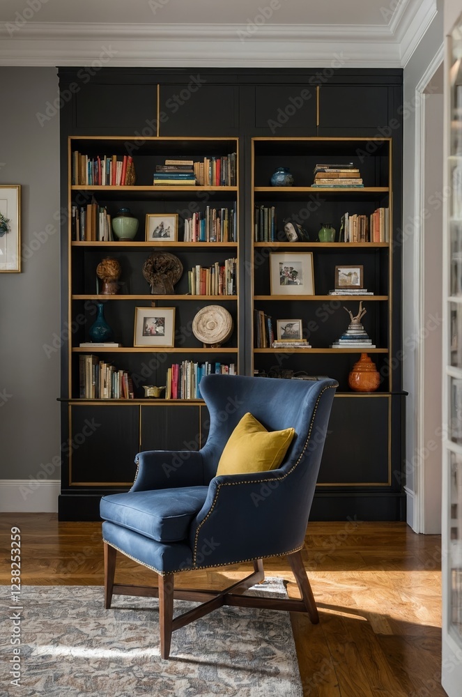 Fototapeta premium Cozy reading nook featuring a blue chair and a well-organized bookshelf in a modern living space
