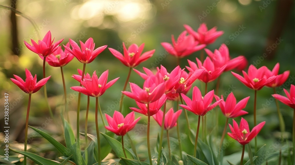 Vibrant pink tulips blooming in a garden bathed in soft sunlight. Vibrant pink tulips blooming in a garden bathed in soft sunlight.