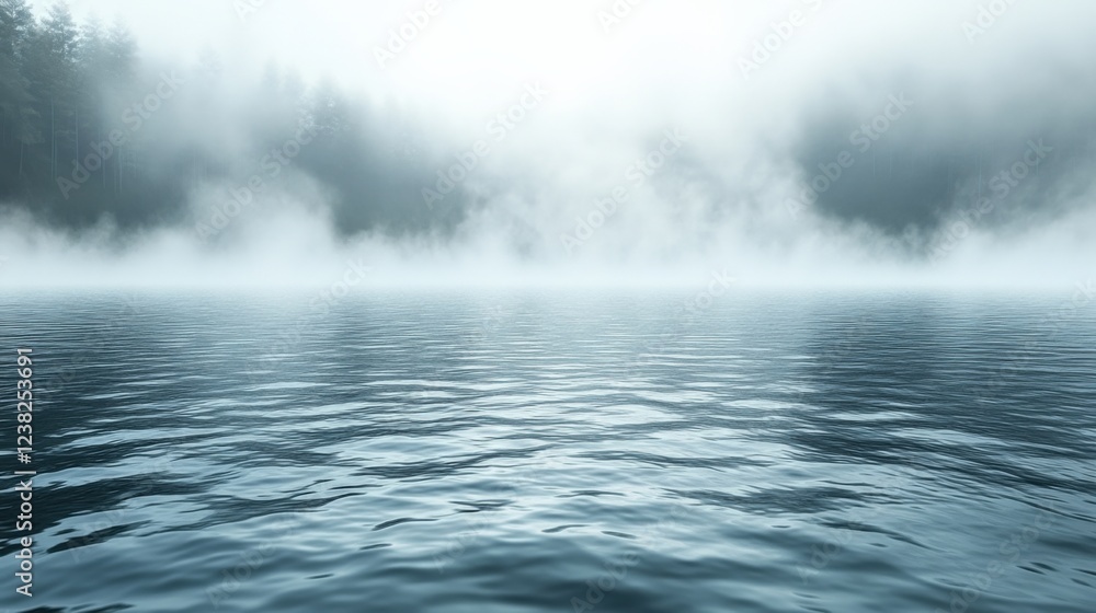 Fototapeta premium Fog Drapes Over Still Water Creating a Serene Atmosphere. Generative AI