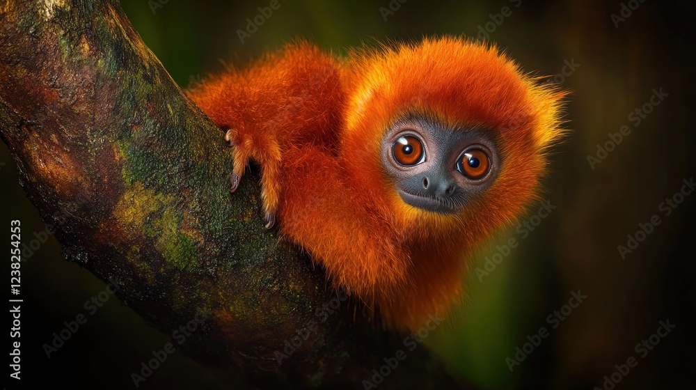 Fototapeta premium Adorable red-furred monkey clinging to a tree branch in a dark forest.