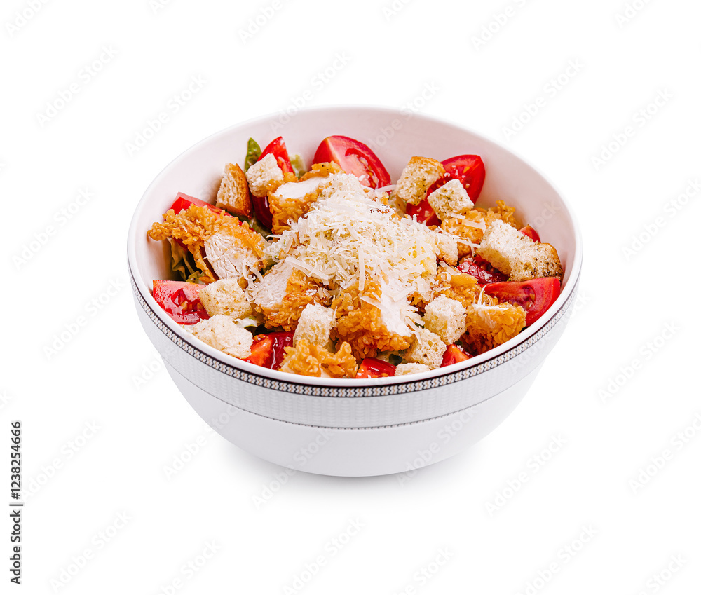 Bowl of fresh salad with crispy chicken, tomatoes, and crunchy croutons presented aesthetically Bowl of fresh salad with crispy chicken, tomatoes, and crunchy croutons presented aesthetically