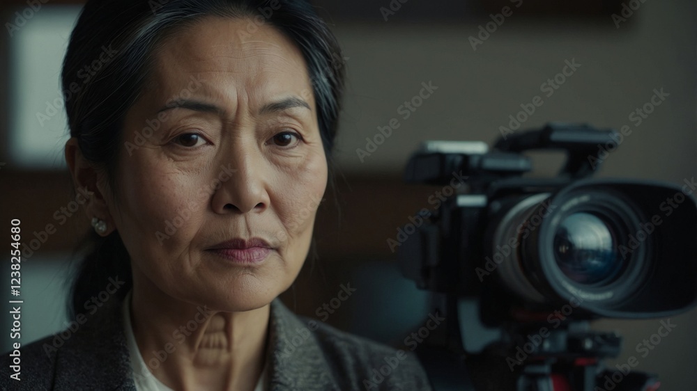 Mature woman gazes intently while sitting near a camera in a subdued indoor setting during the late afternoon Mature woman gazes intently while sitting near a camera in a subdued indoor setting during the late afternoon